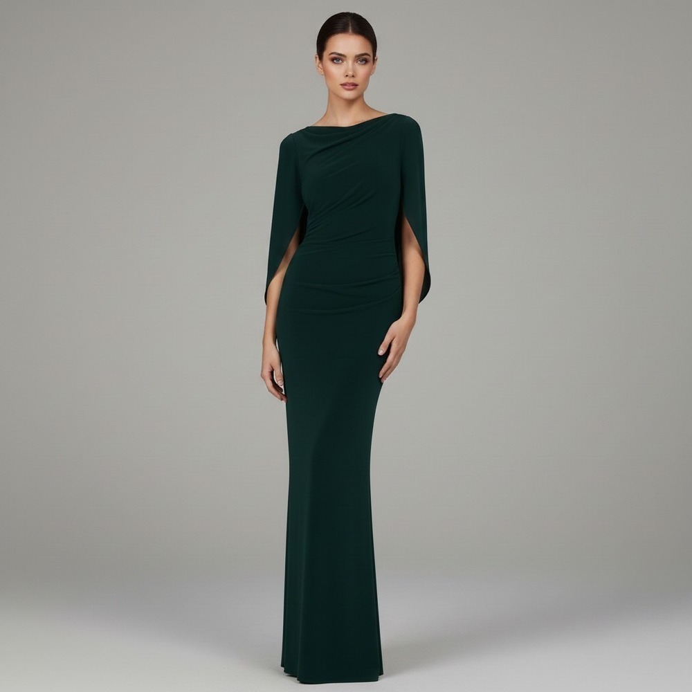 BA Nites Womens Forest Green Ruched Cape Sleeve Evening Gown Dress K105 Size 4